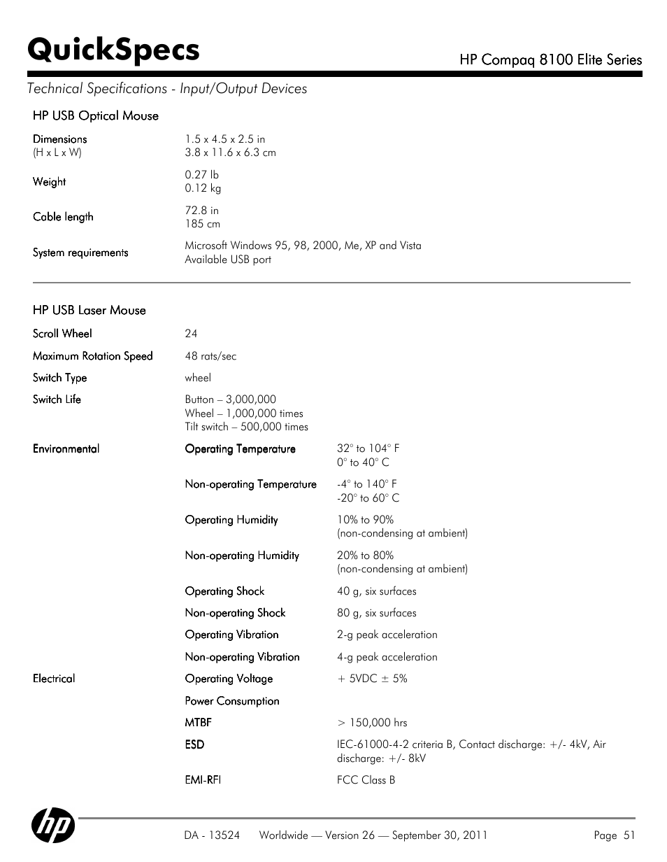 Quickspecs, Hp compaq 8100 elite series | HP COMPAQ 8100 User Manual | Page 51 / 65