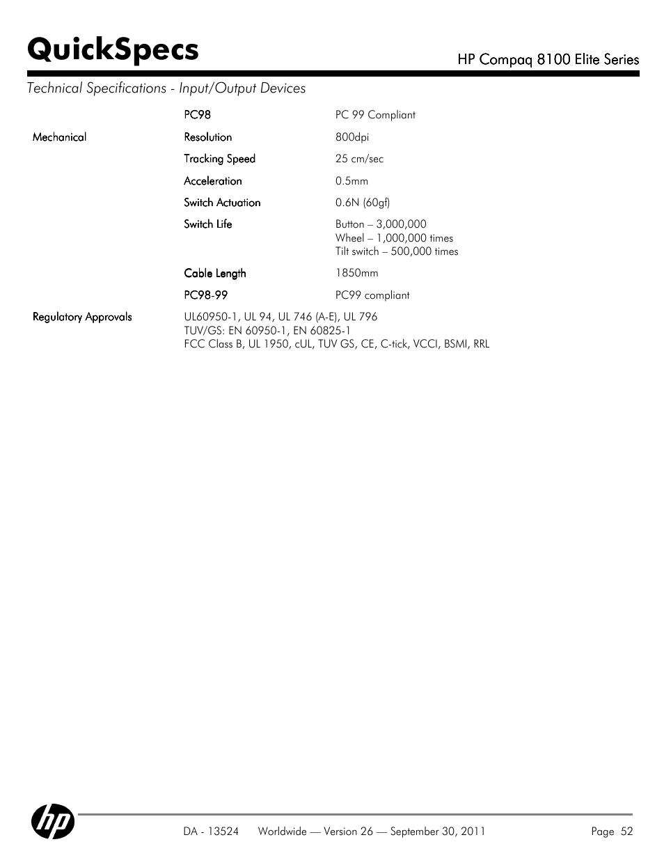 Quickspecs | HP COMPAQ 8100 User Manual | Page 52 / 65