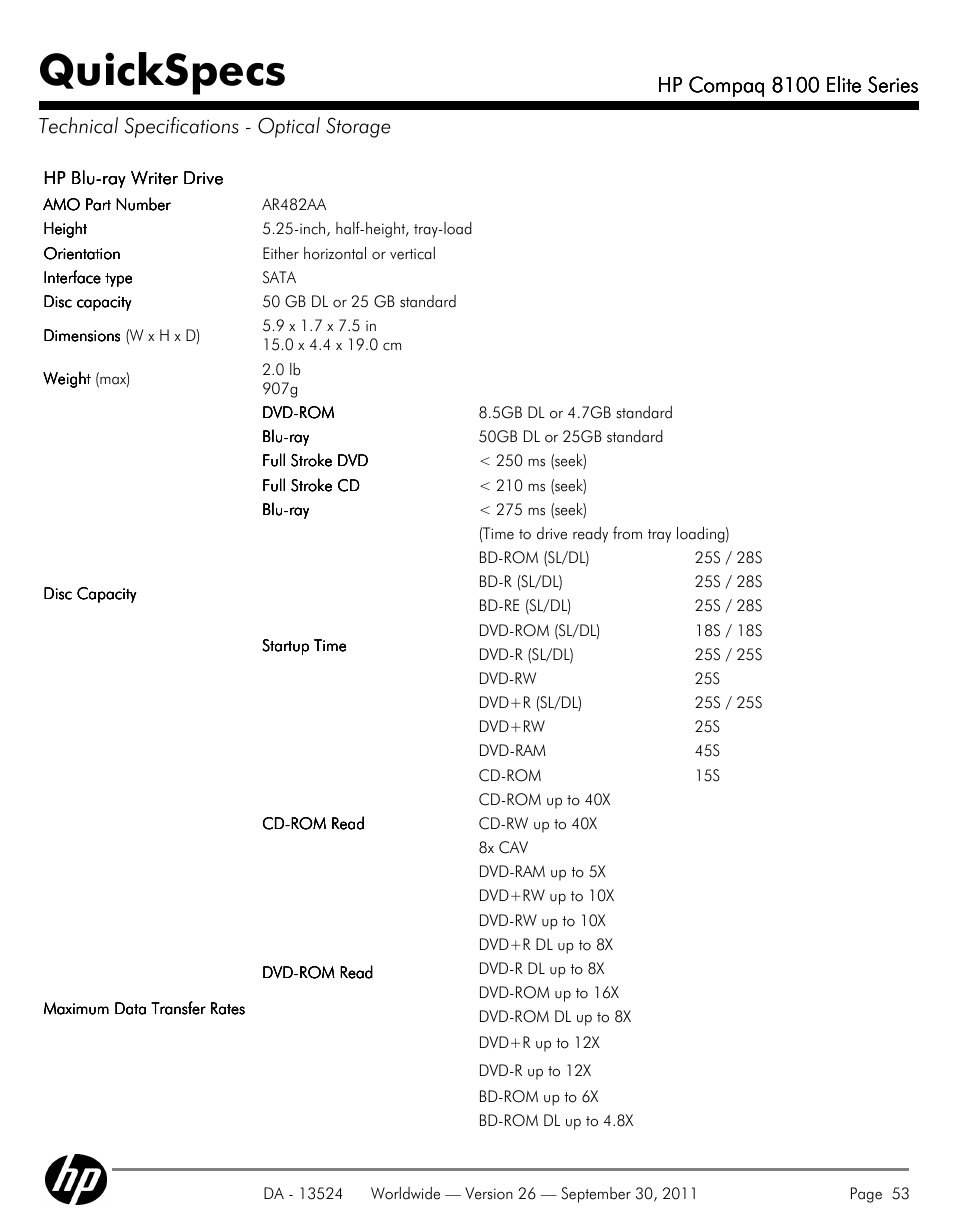 Technical specifications - optical storage, Quickspecs, Hp compaq 8100 elite series | HP COMPAQ 8100 User Manual | Page 53 / 65