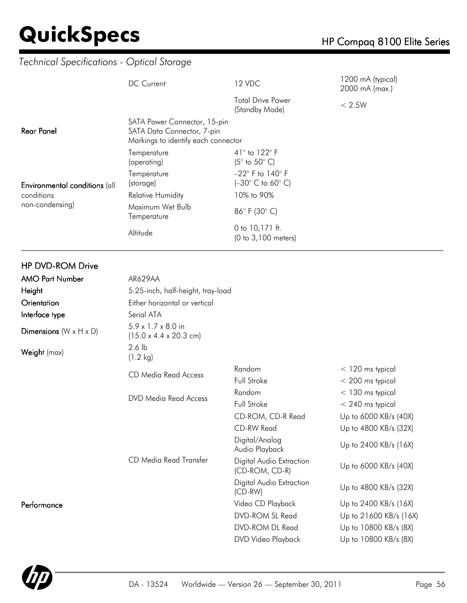 Quickspecs, Hp compaq 8100 elite series | HP COMPAQ 8100 User Manual | Page 56 / 65