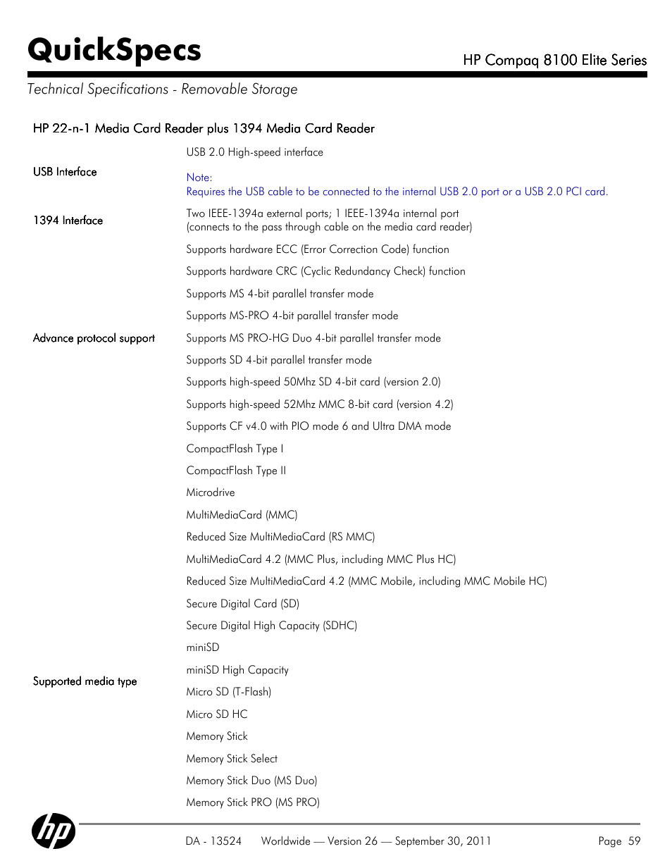 Technical specifications - removable storage, Quickspecs | HP COMPAQ 8100 User Manual | Page 59 / 65