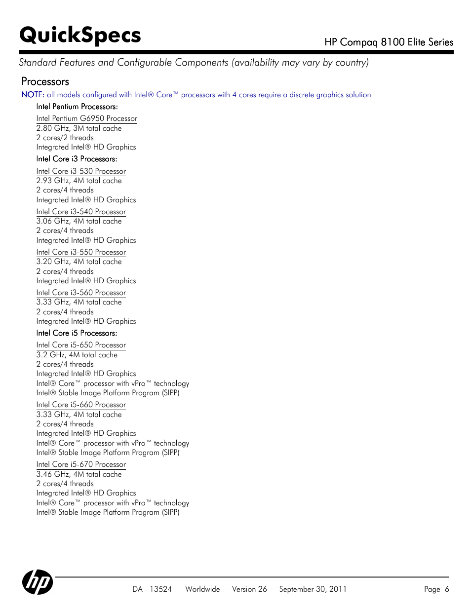 Quickspecs, Processors | HP COMPAQ 8100 User Manual | Page 6 / 65