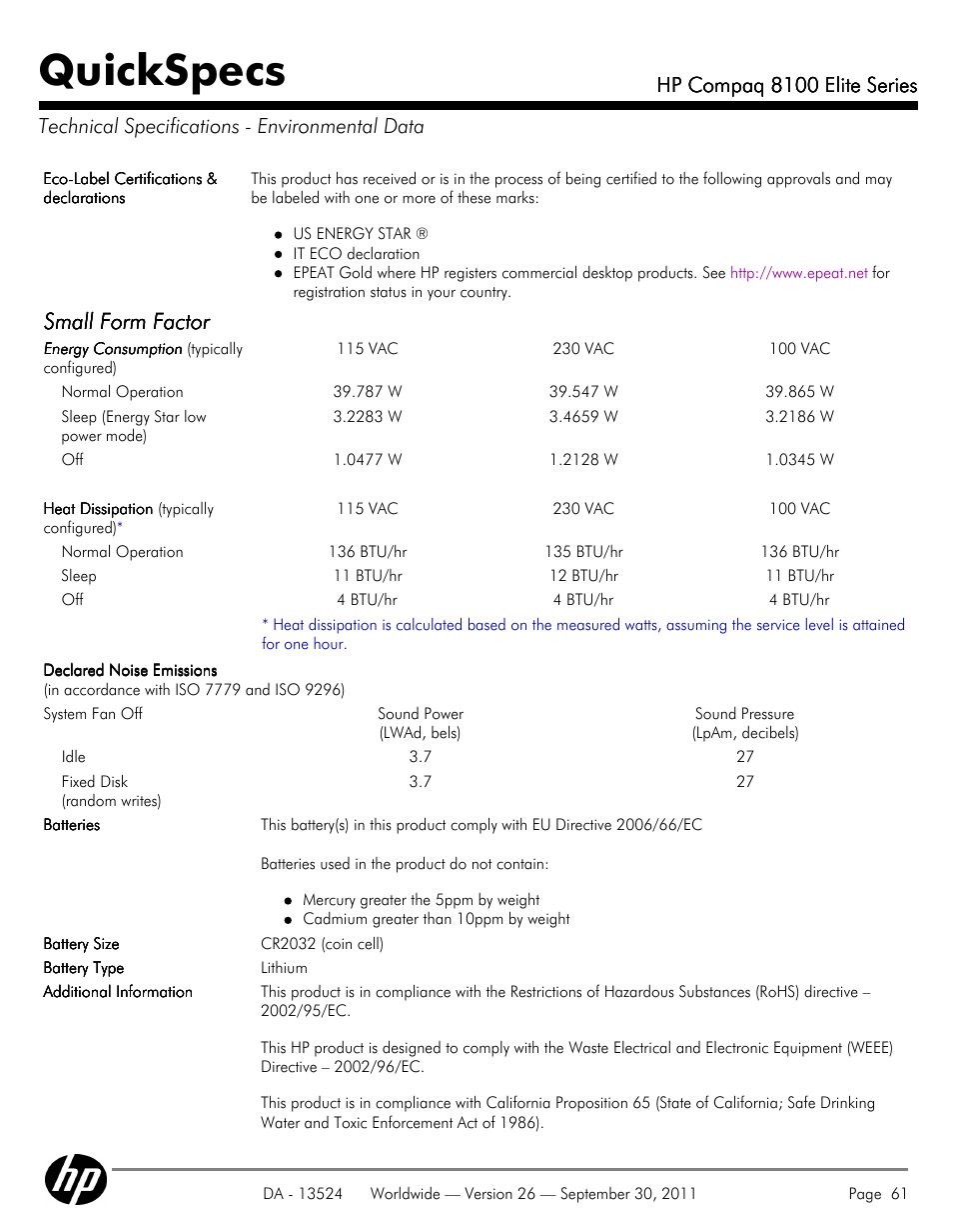 Technical specifications - environmental data, Quickspecs, Small form factor | HP COMPAQ 8100 User Manual | Page 61 / 65