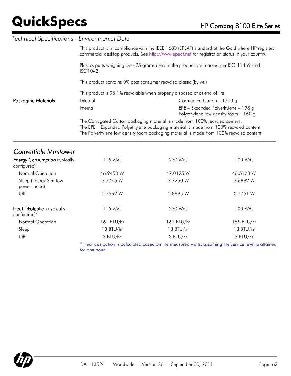 Quickspecs, Convertible minitower | HP COMPAQ 8100 User Manual | Page 62 / 65