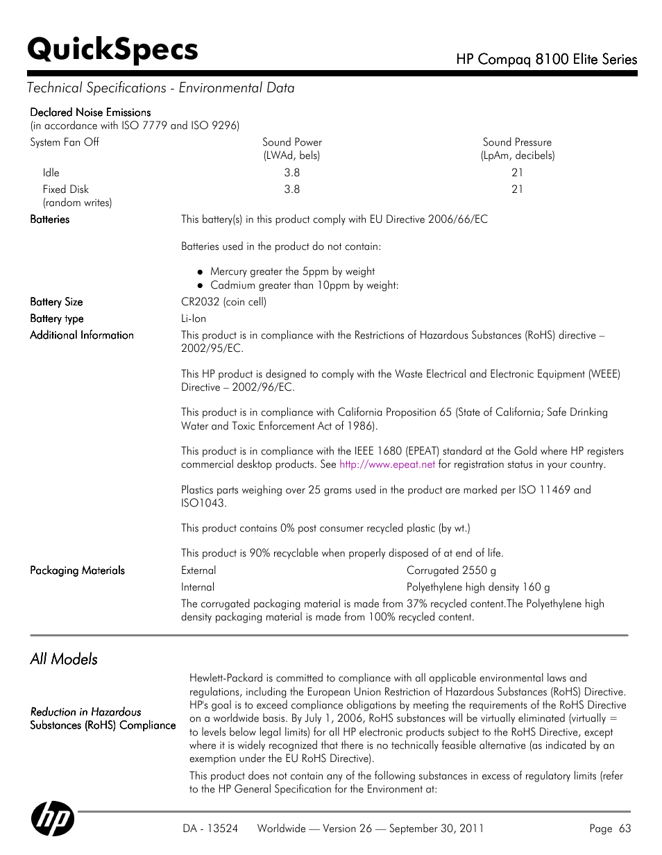 Quickspecs, All models | HP COMPAQ 8100 User Manual | Page 63 / 65