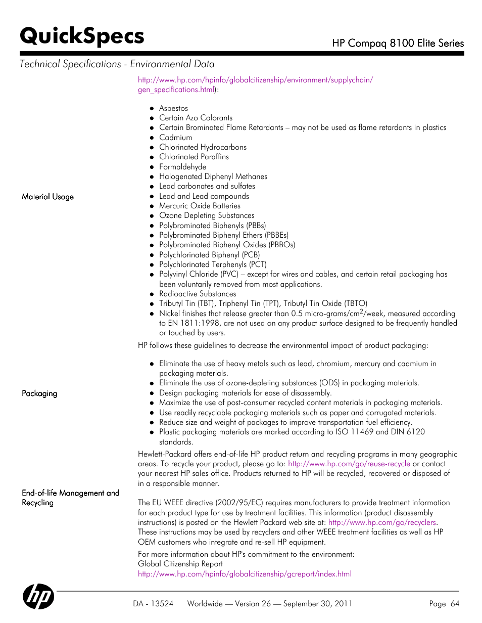 Quickspecs | HP COMPAQ 8100 User Manual | Page 64 / 65