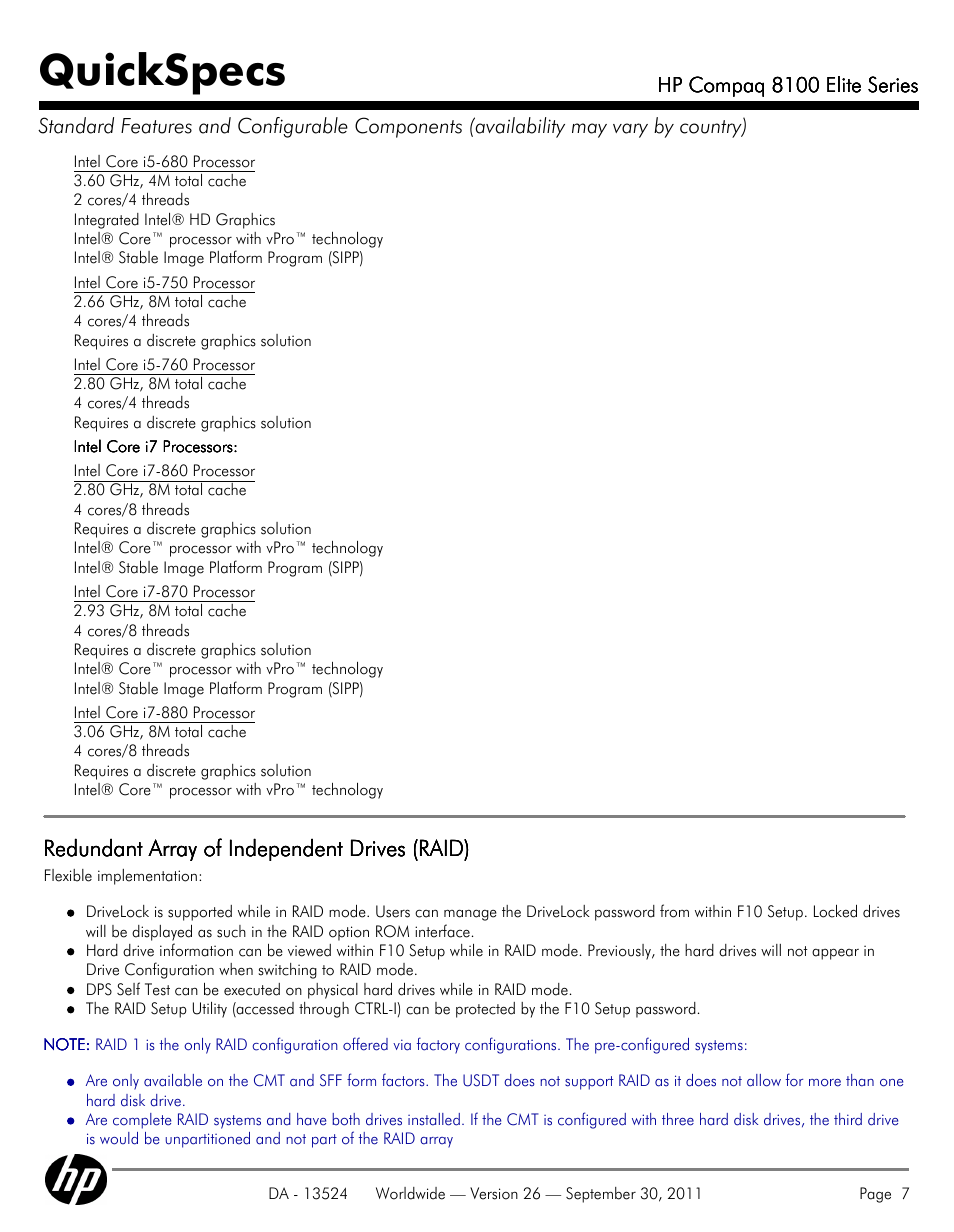 Quickspecs, Redundant array of independent drives (raid) | HP COMPAQ 8100 User Manual | Page 7 / 65