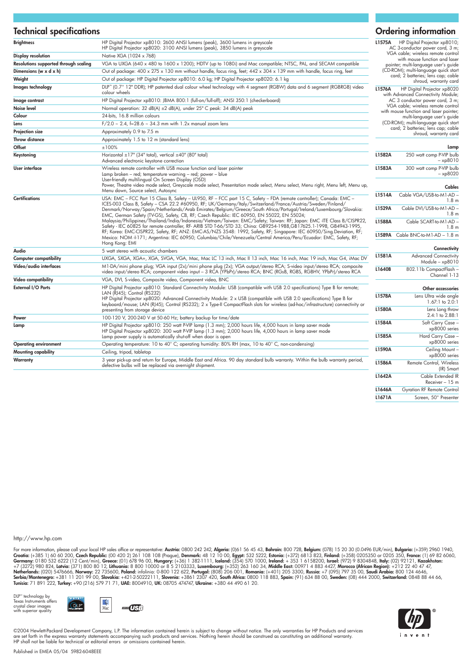 Technical specifications, Ordering information | HP xp8020 User Manual | Page 2 / 2