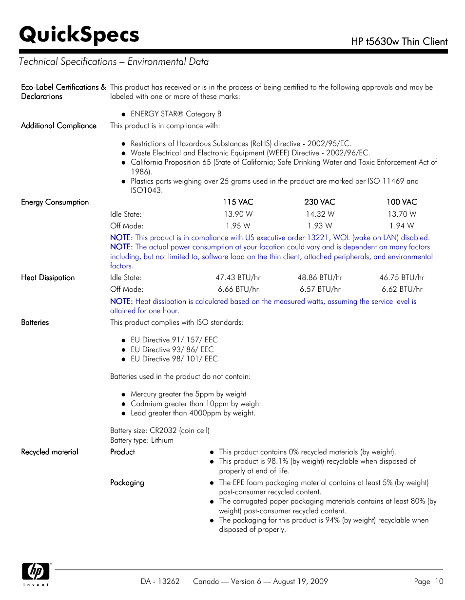 Technical specifications environmental data, Quickspecs, Hp t5630w thin client | HP T5630W User Manual | Page 10 / 12