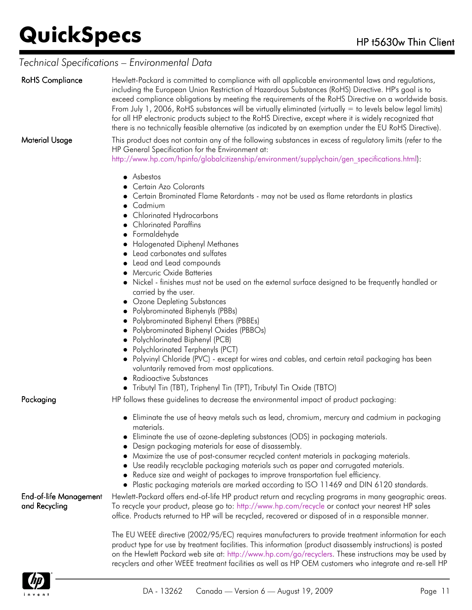 Quickspecs | HP T5630W User Manual | Page 11 / 12