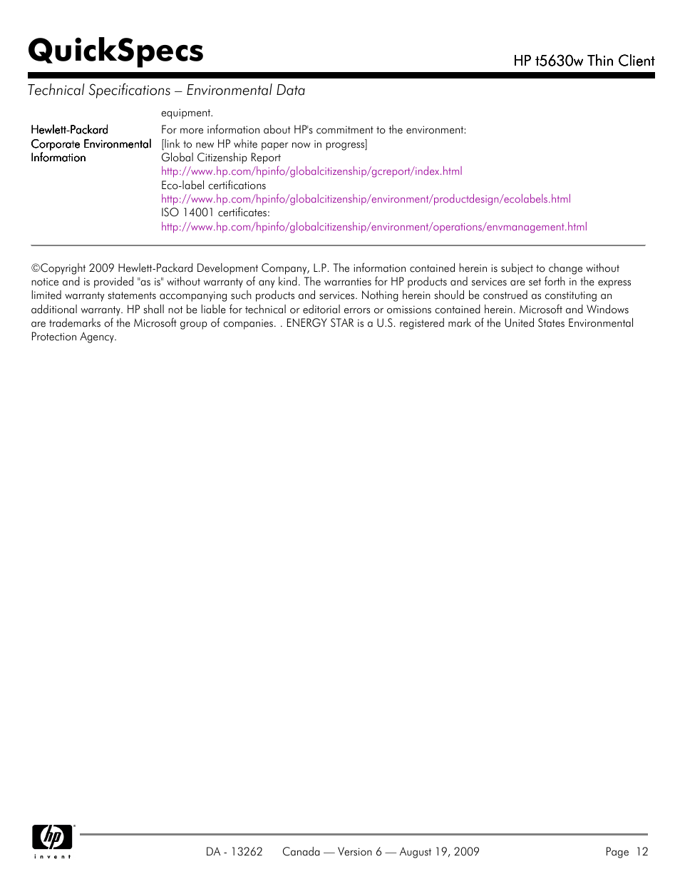 Quickspecs | HP T5630W User Manual | Page 12 / 12