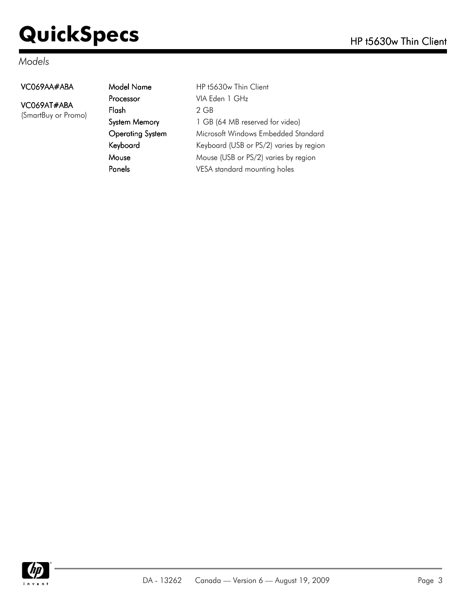 Models, Quickspecs | HP T5630W User Manual | Page 3 / 12
