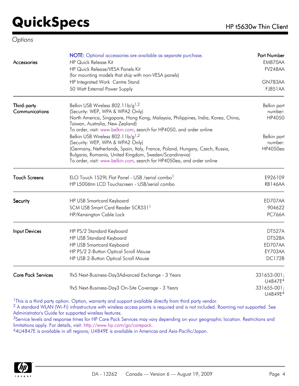Options, Quickspecs, Hp t5630w thin client | Hp t5630w thin client options | HP T5630W User Manual | Page 4 / 12