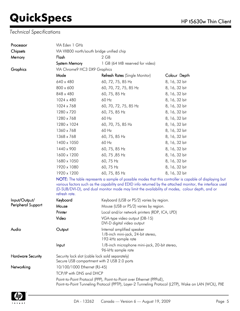 Technical specifications, Quickspecs, Hp t5630w thin client | Hp t5630w thin client technical specifications | HP T5630W User Manual | Page 5 / 12