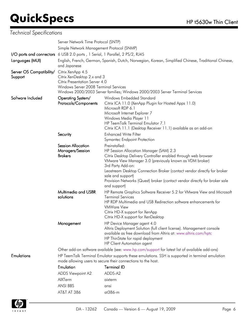 Quickspecs, Hp t5630w thin client, Hp t5630w thin client technical specifications | HP T5630W User Manual | Page 6 / 12