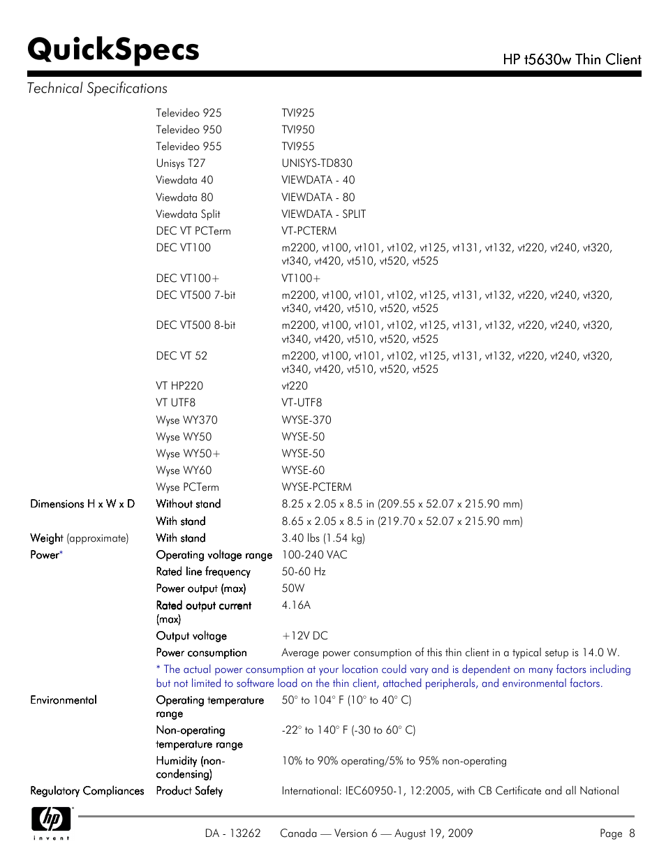 Quickspecs, Hp t5630w thin client, Hp t5630w thin client technical specifications | HP T5630W User Manual | Page 8 / 12