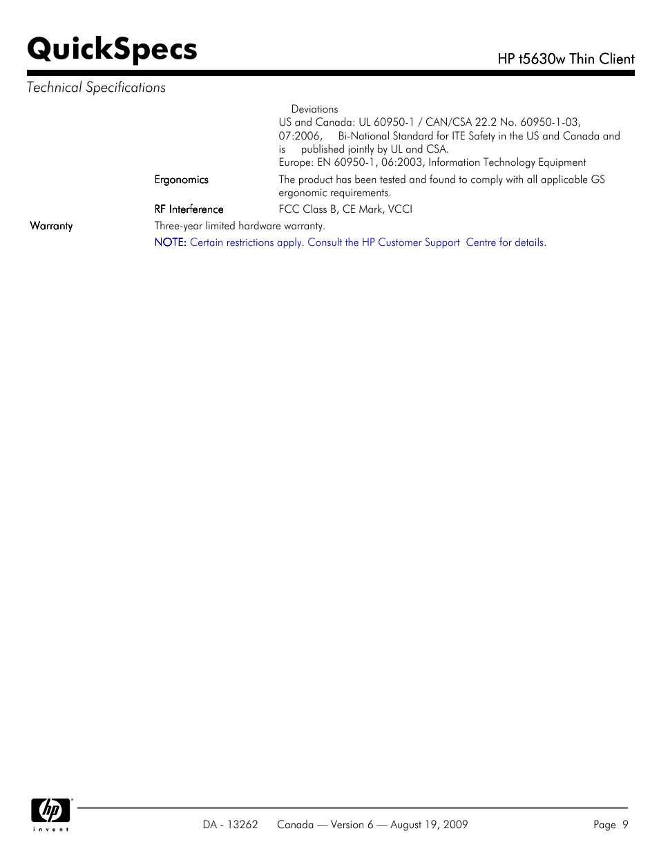 Quickspecs | HP T5630W User Manual | Page 9 / 12