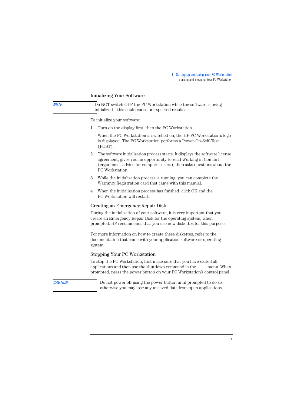 Initializing your software, Creating an emergency repair disk, Stopping your pc workstation | HP KAYAK XM600 User Manual | Page 15 / 70