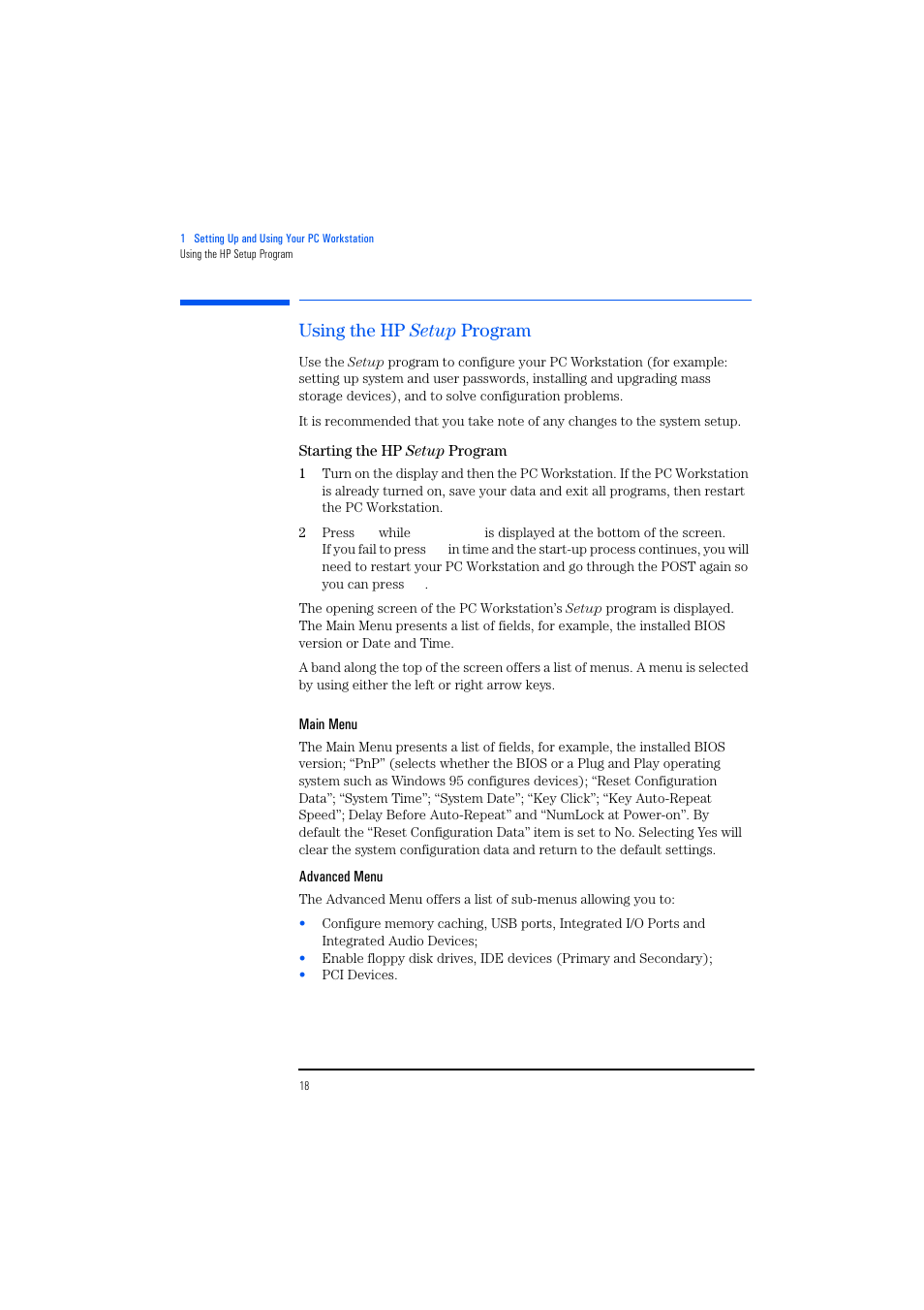 Using the hp setup program, Starting the hp setup program, Main menu | Advanced menu | HP KAYAK XM600 User Manual | Page 18 / 70