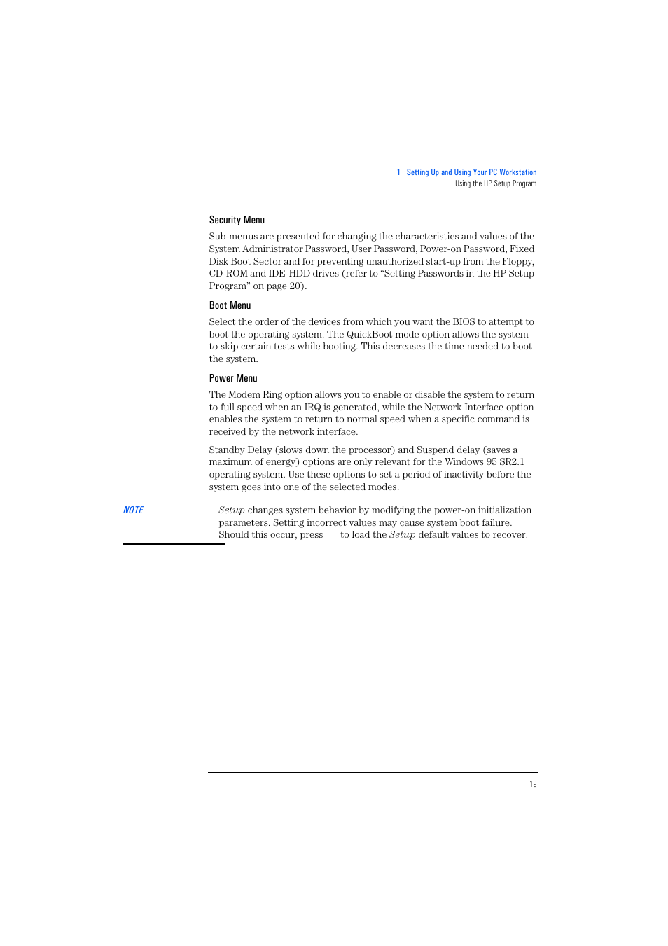 Security menu, Boot menu, Power menu | HP KAYAK XM600 User Manual | Page 19 / 70