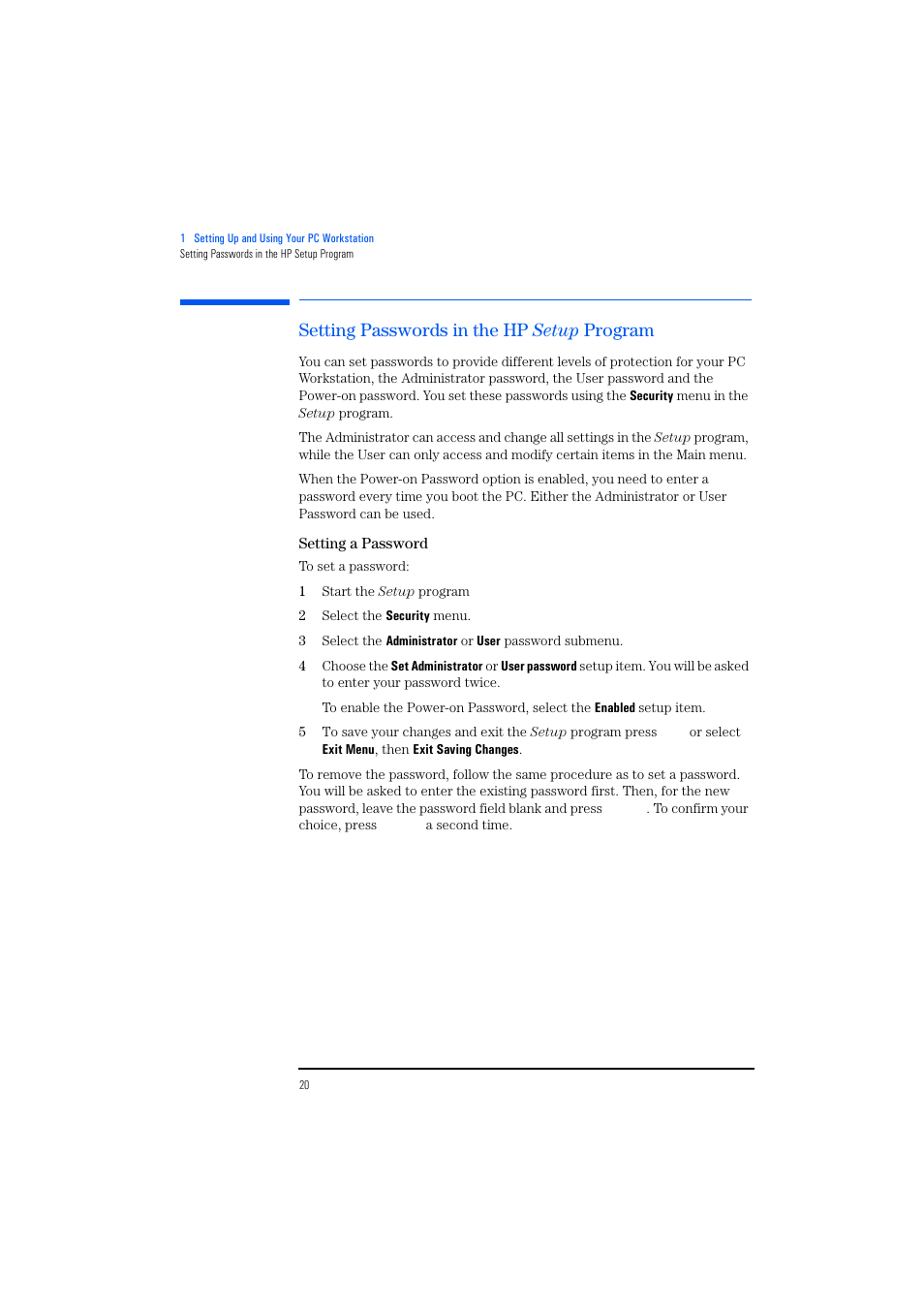 Setting passwords in the hp setup program, Setting a password | HP KAYAK XM600 User Manual | Page 20 / 70