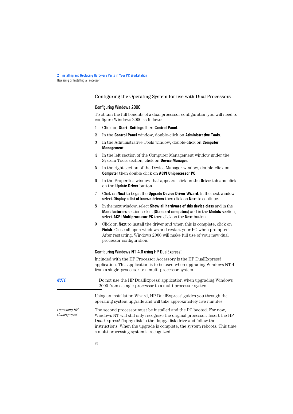 Configuring windows 2000, Configuring windows nt 4.0 using hp dualexpress | HP KAYAK XM600 User Manual | Page 28 / 70