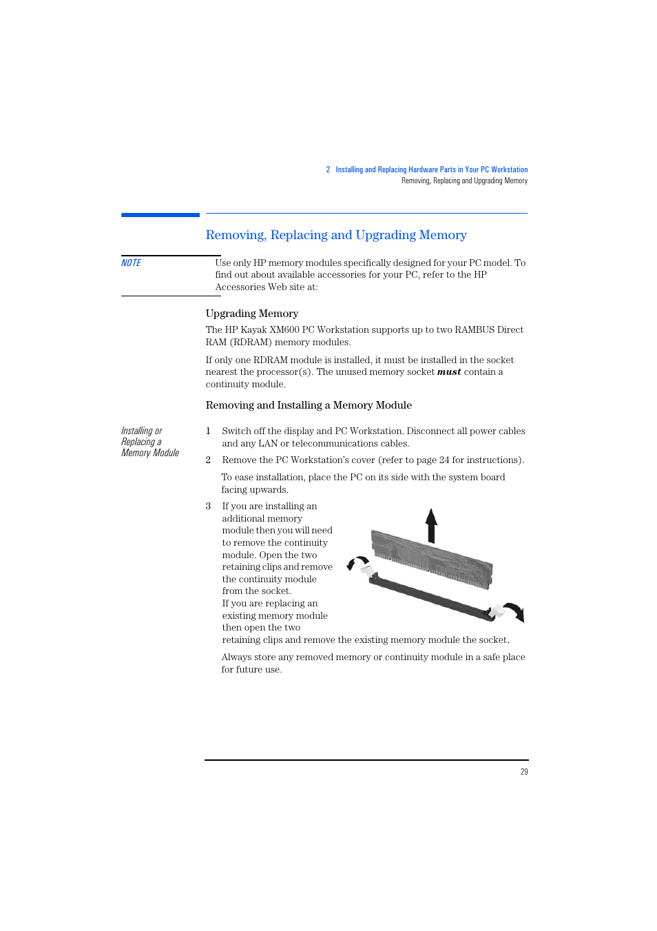 Removing, replacing and upgrading memory, Upgrading memory, Removing and installing a memory module | HP KAYAK XM600 User Manual | Page 29 / 70
