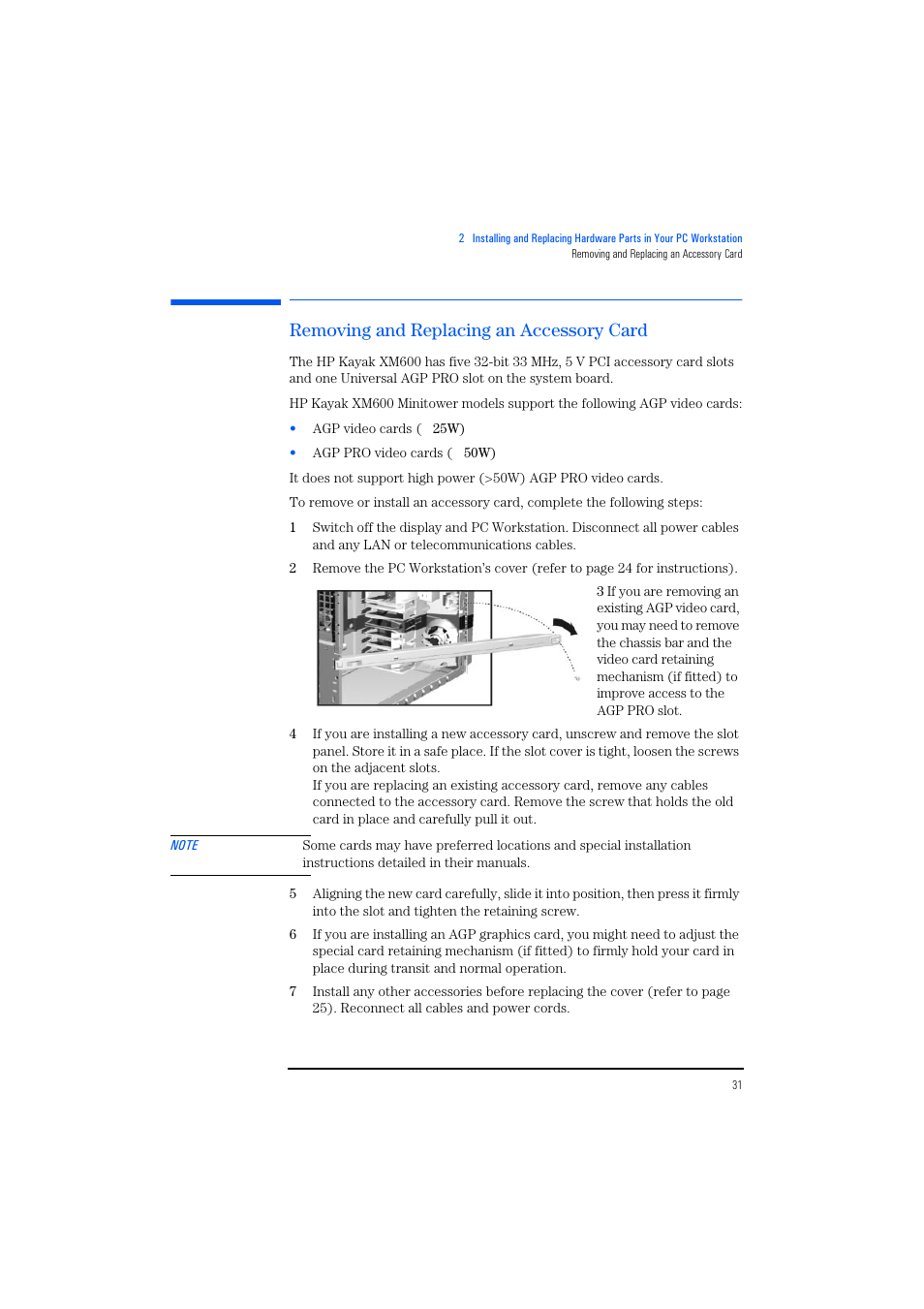 Removing and replacing an accessory card | HP KAYAK XM600 User Manual | Page 31 / 70