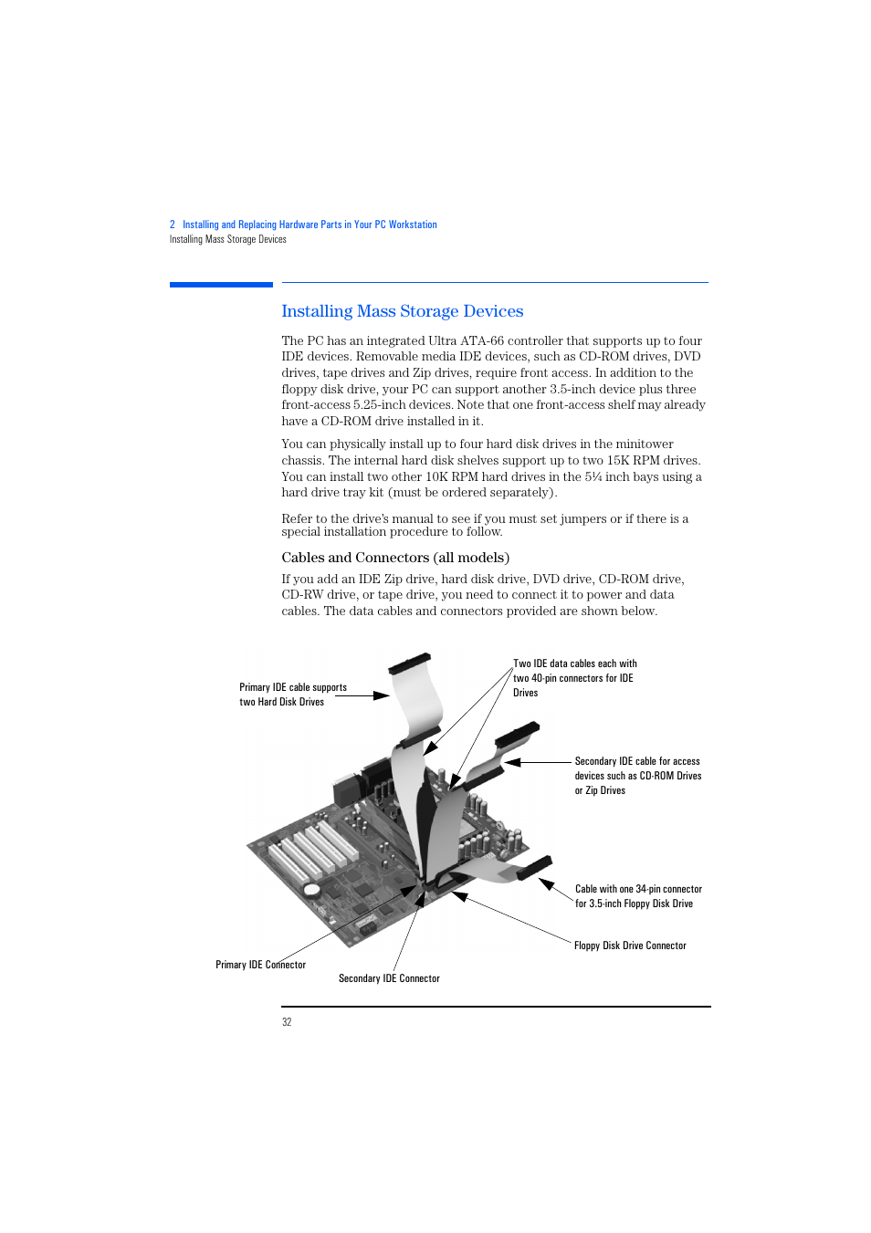Installing mass storage devices, Cables and connectors (all models) | HP KAYAK XM600 User Manual | Page 32 / 70