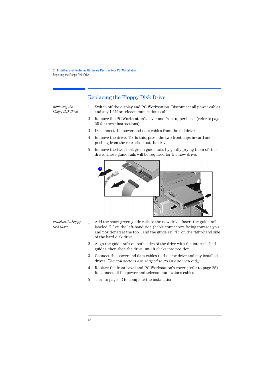 Replacing the floppy disk drive | HP KAYAK XM600 User Manual | Page 42 / 70