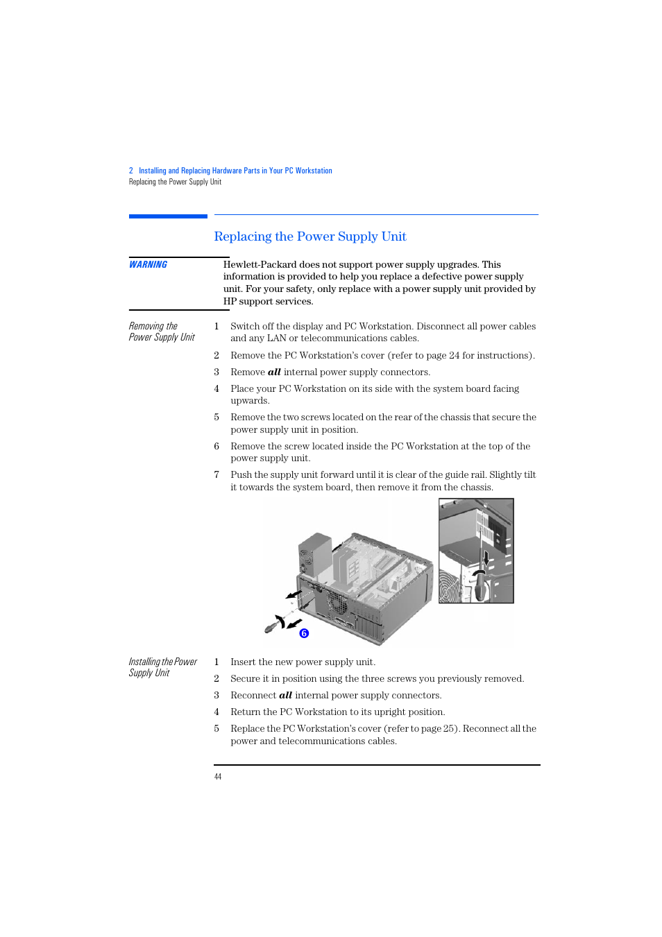 Replacing the power supply unit | HP KAYAK XM600 User Manual | Page 44 / 70