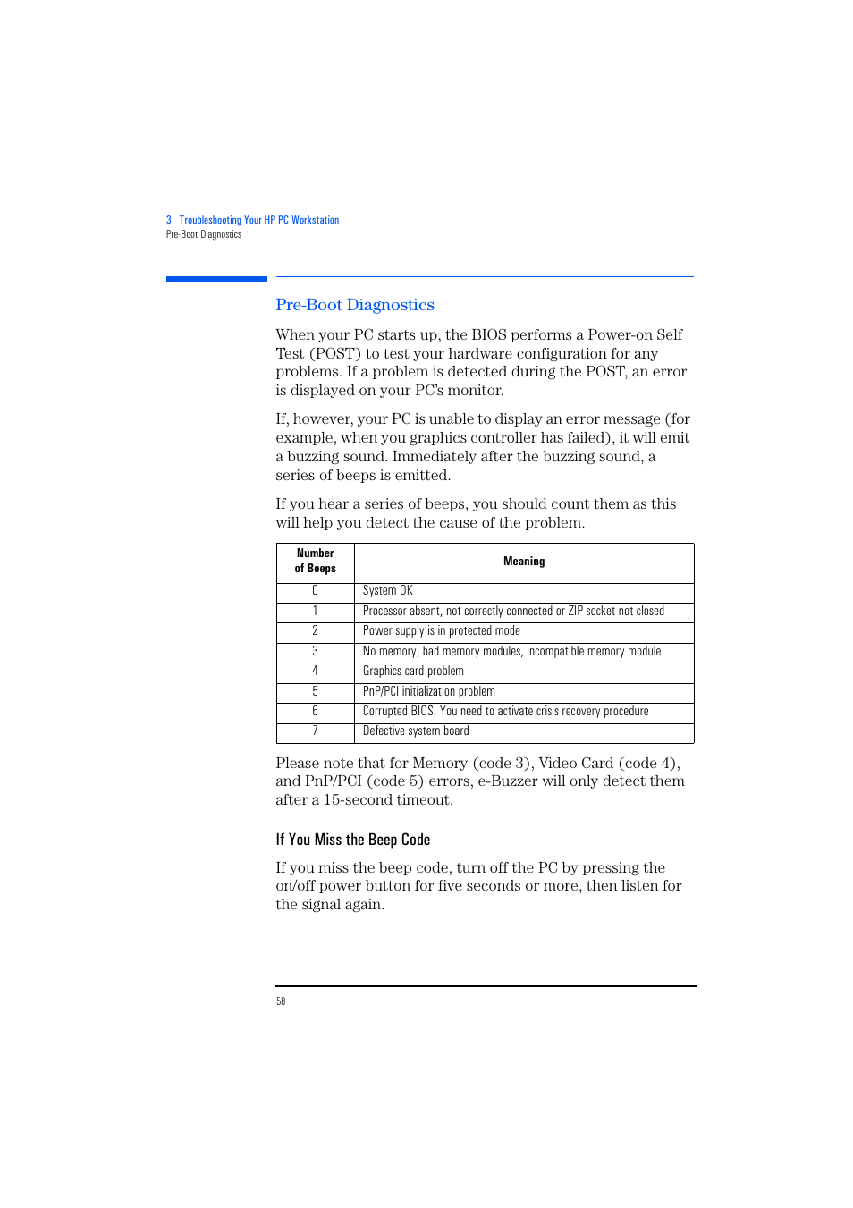Pre-boot diagnostics, If you miss the beep code | HP KAYAK XM600 User Manual | Page 58 / 70