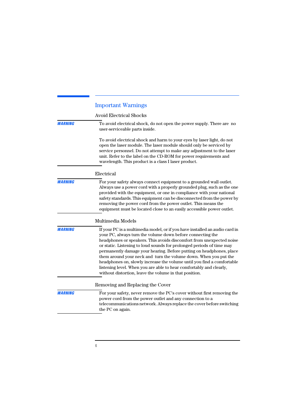 Important warnings, Avoid electrical shocks, Electrical | Multimedia models, Removing and replacing the cover | HP KAYAK XM600 User Manual | Page 6 / 70
