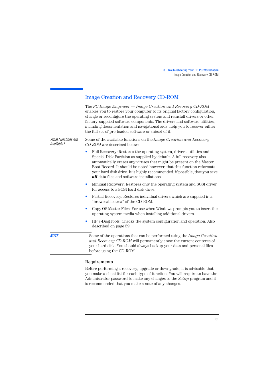 Image creation and recovery cd-rom, Requirements | HP KAYAK XM600 User Manual | Page 61 / 70