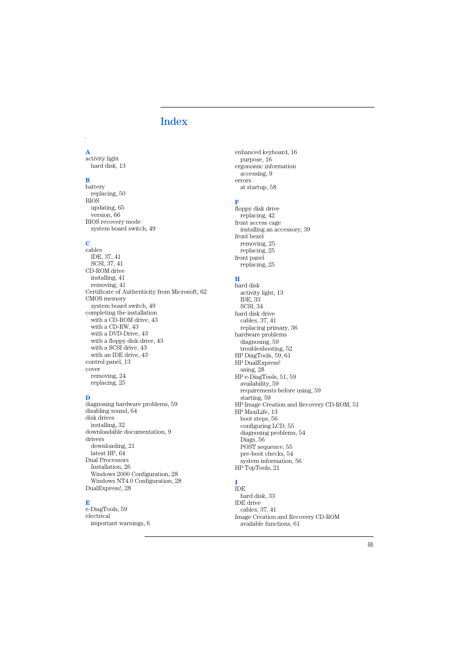 Index | HP KAYAK XM600 User Manual | Page 68 / 70