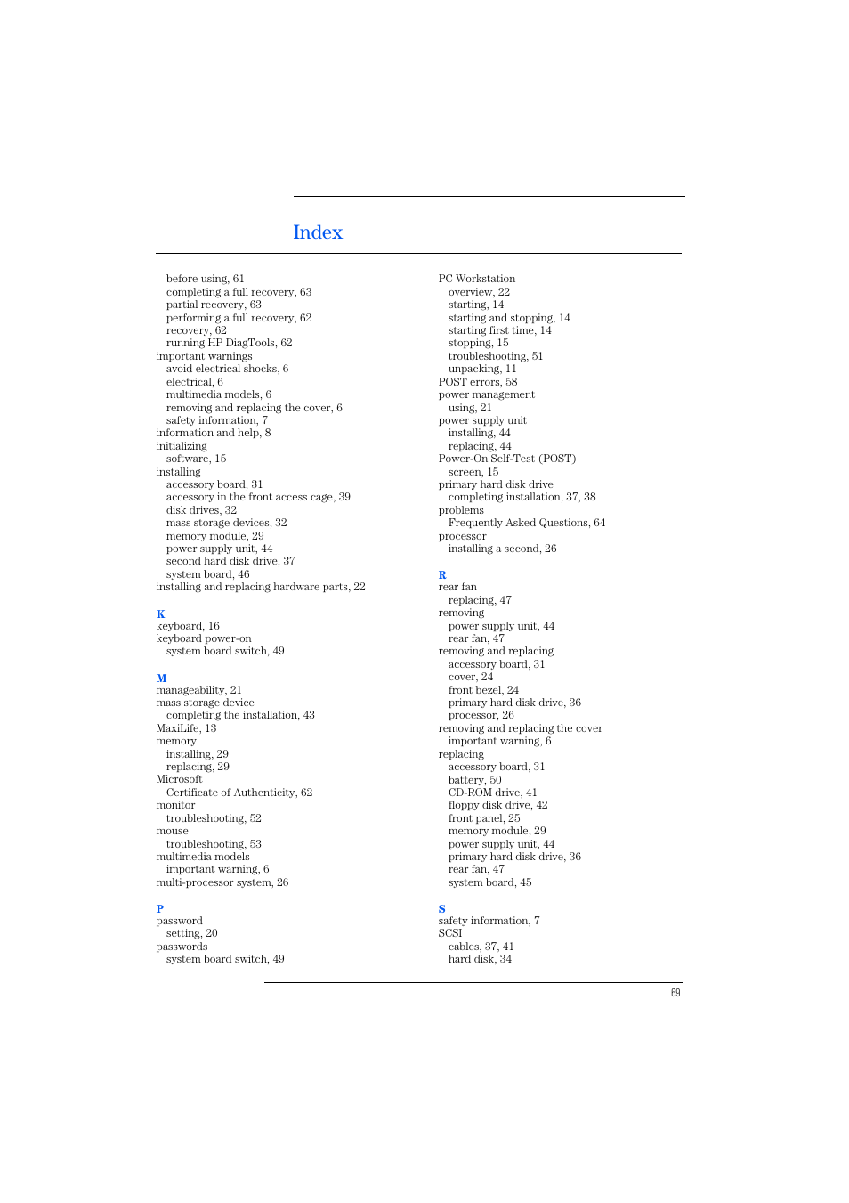 Index | HP KAYAK XM600 User Manual | Page 69 / 70