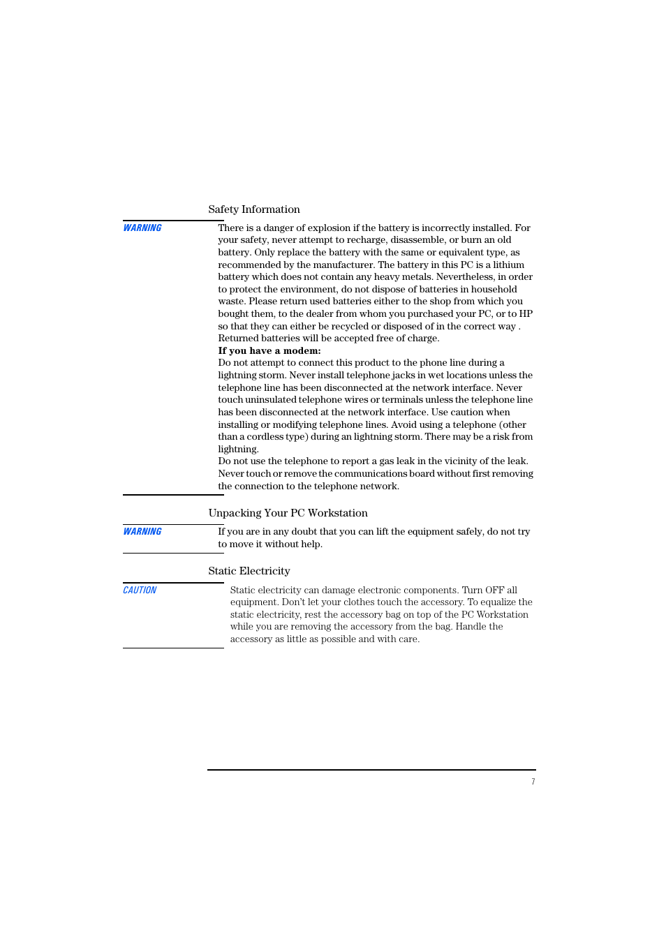 Safety information, Unpacking your pc workstation, Static electricity | HP KAYAK XM600 User Manual | Page 7 / 70