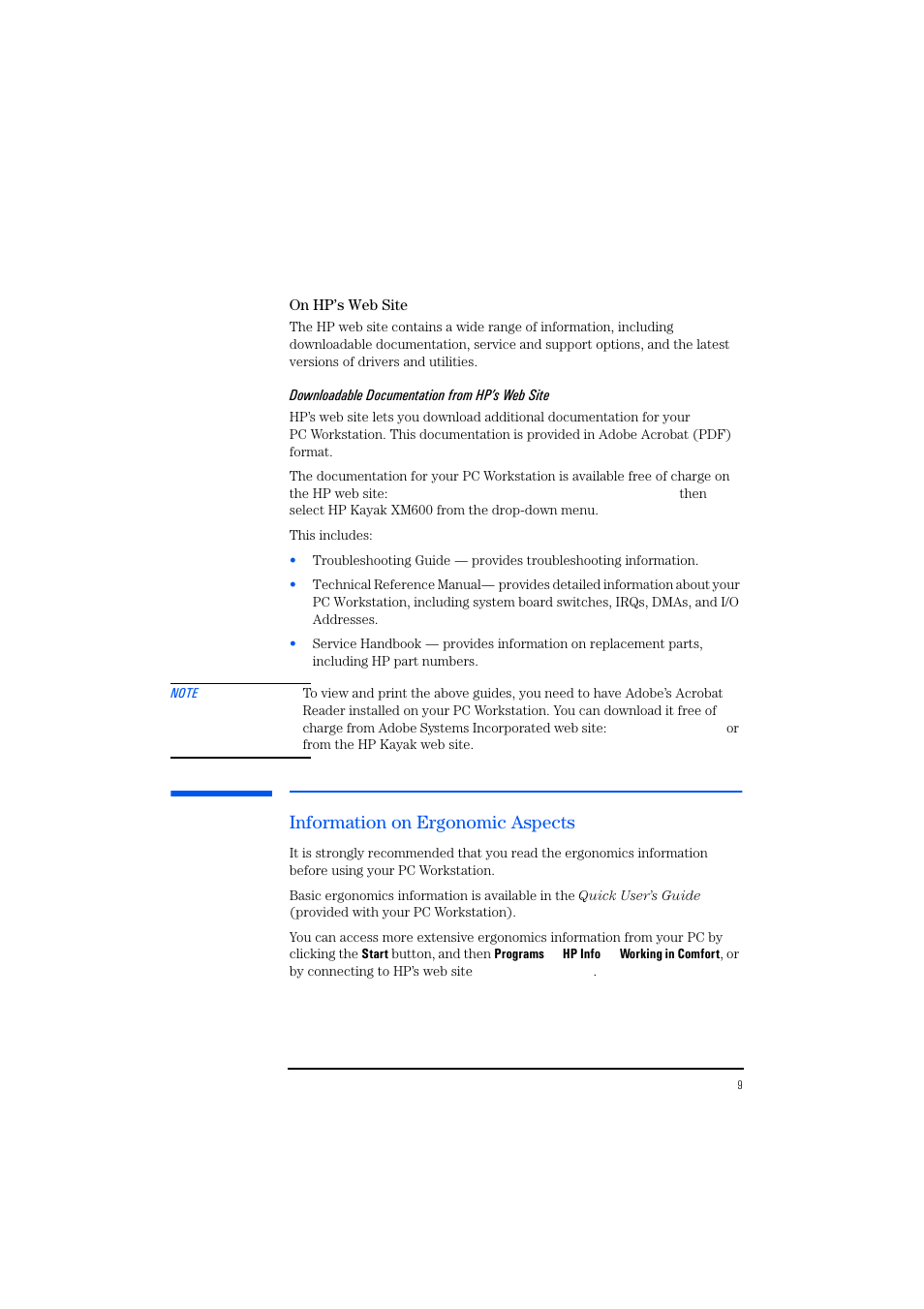 On hp’s web site, Downloadable documentation from hp’s web site, Information on ergonomic aspects | HP KAYAK XM600 User Manual | Page 9 / 70