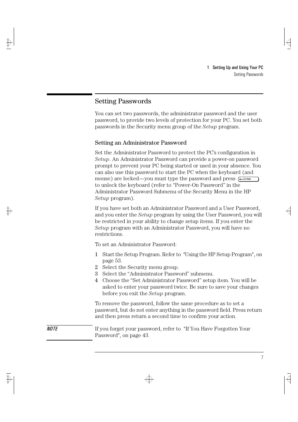 Setting passwords | HP VECTRA VA 6/XXX User Manual | Page 15 / 88