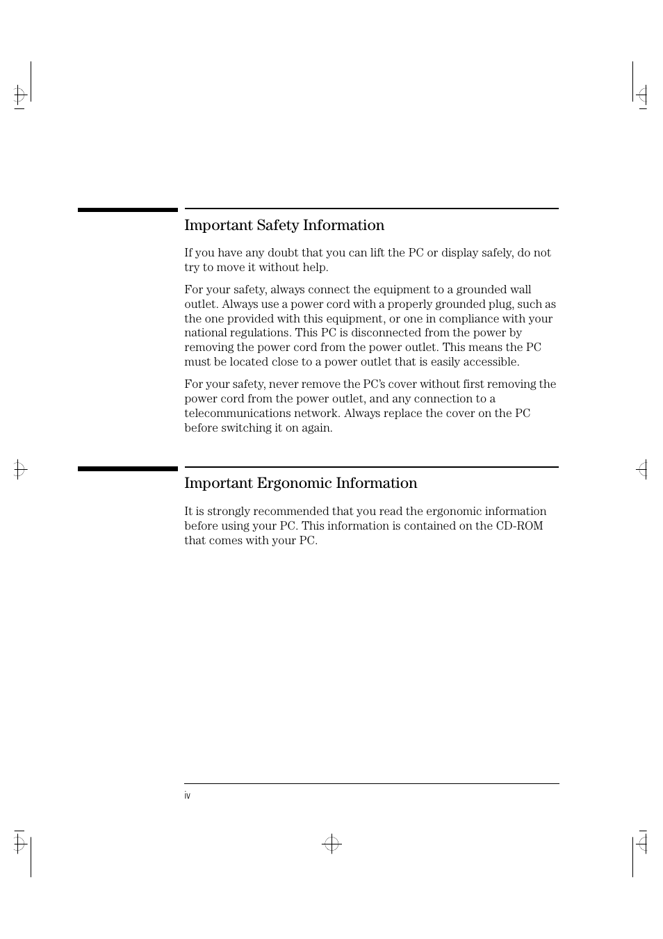 Important safety information, Important ergonomic information | HP VECTRA VA 6/XXX User Manual | Page 4 / 88