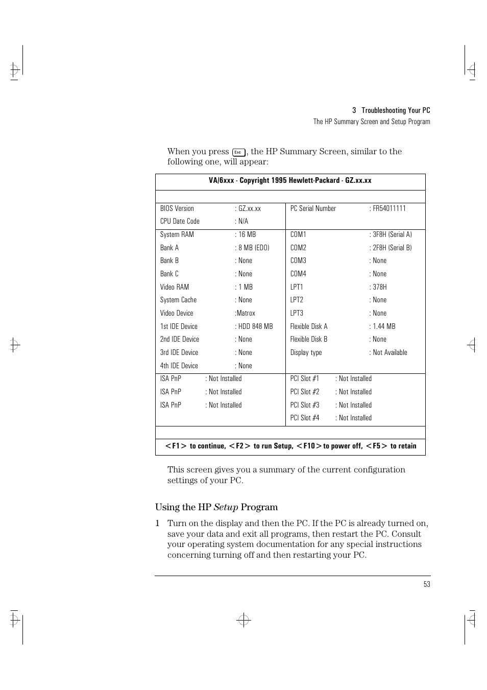 Using the hp setup program | HP VECTRA VA 6/XXX User Manual | Page 61 / 88