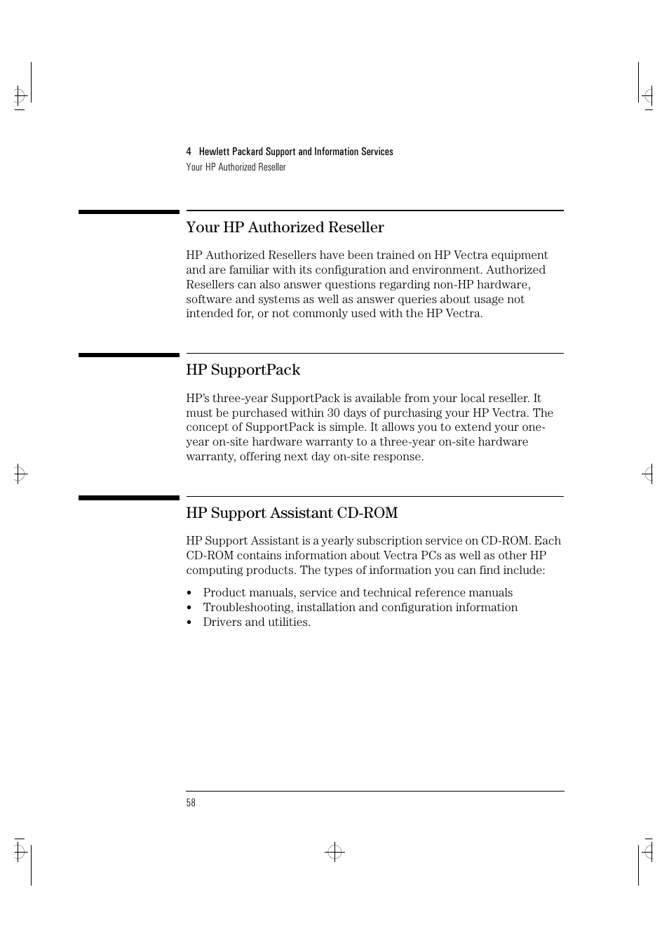 Your hp authorized reseller, Hp supportpack, Hp support assistant cd-rom | HP VECTRA VA 6/XXX User Manual | Page 66 / 88