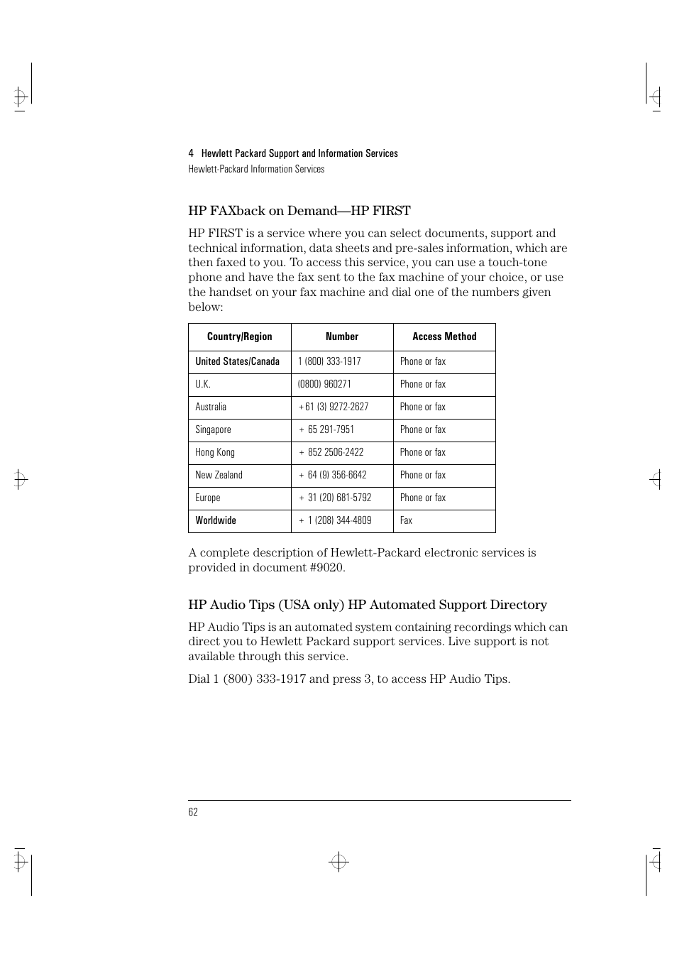 Hp faxback on demand—hp first | HP VECTRA VA 6/XXX User Manual | Page 70 / 88