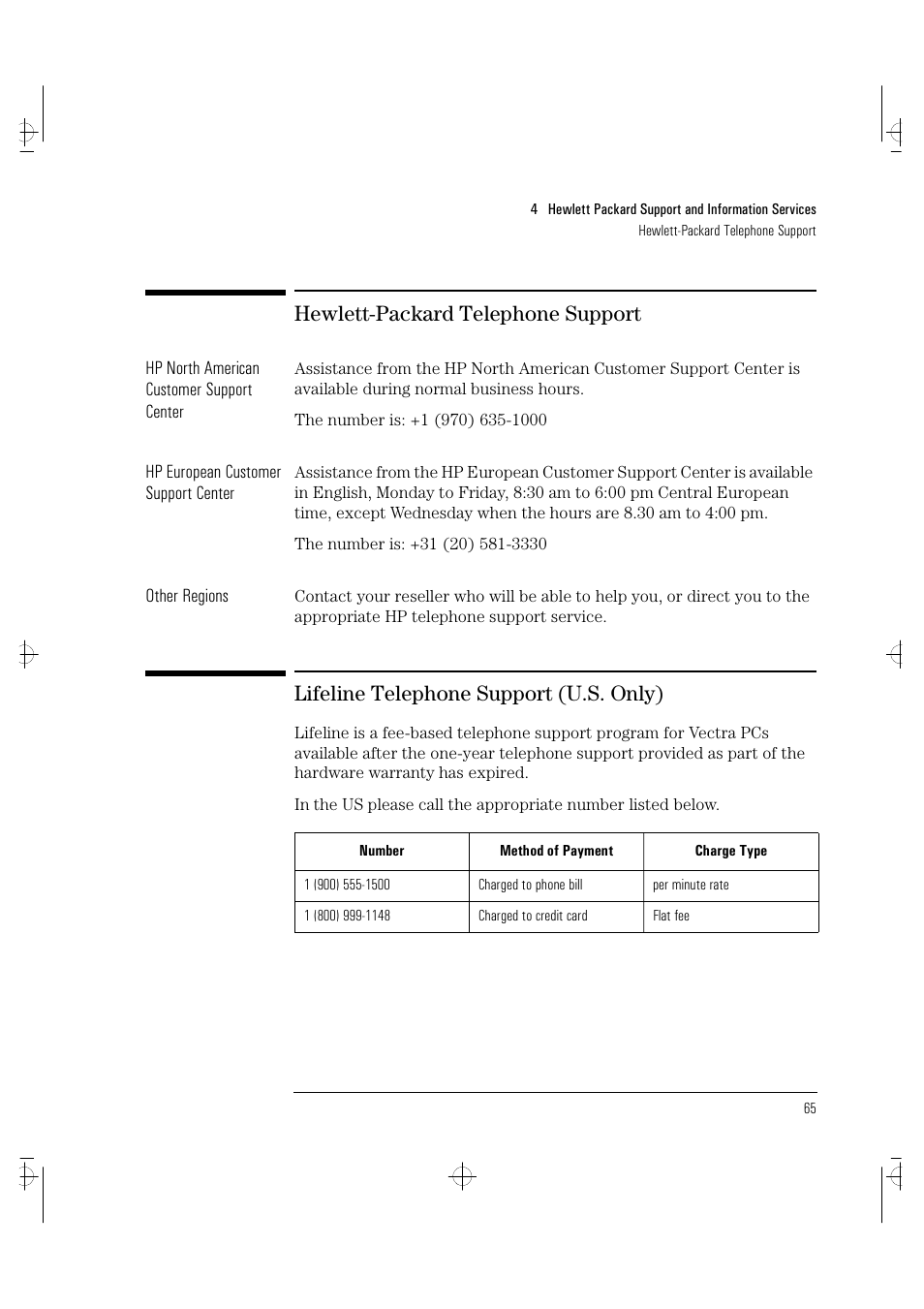Hewlett-packard telephone support, Lifeline telephone support (u.s. only) | HP VECTRA VA 6/XXX User Manual | Page 73 / 88