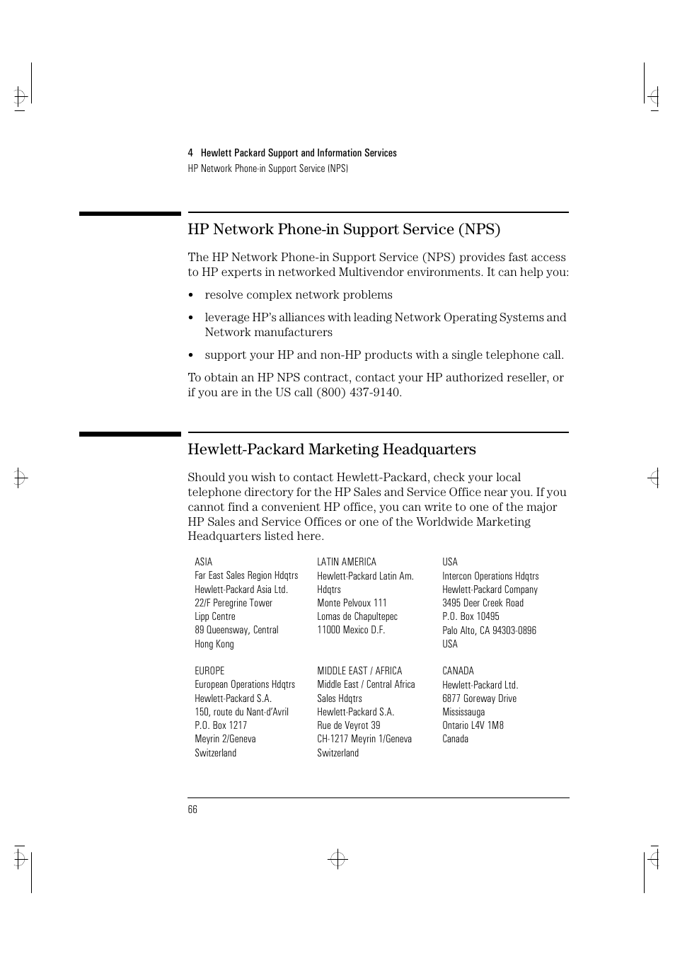 Hp network phone-in support service (nps), Hewlett-packard marketing headquarters | HP VECTRA VA 6/XXX User Manual | Page 74 / 88