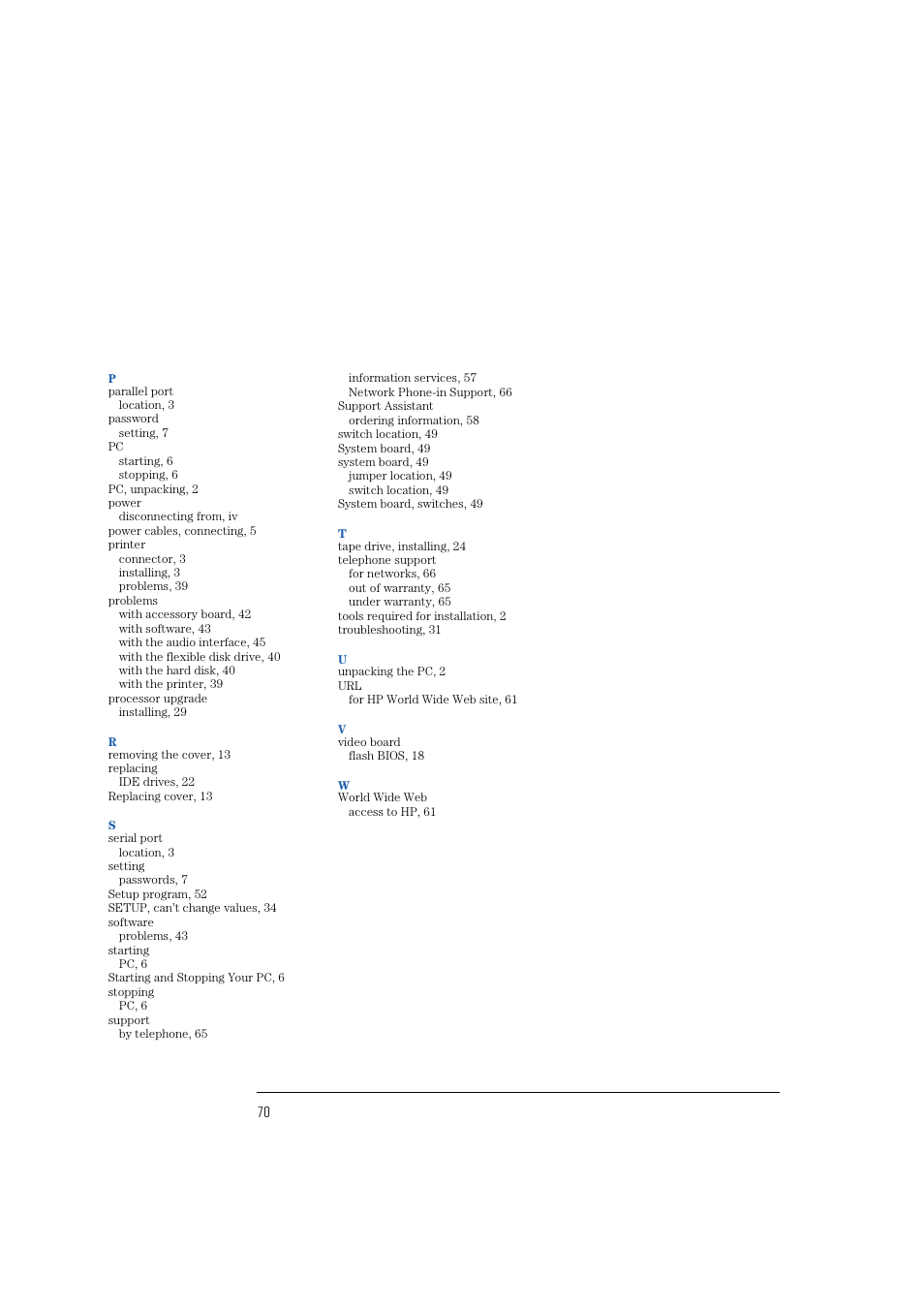 Index | HP VECTRA VA 6/XXX User Manual | Page 78 / 88