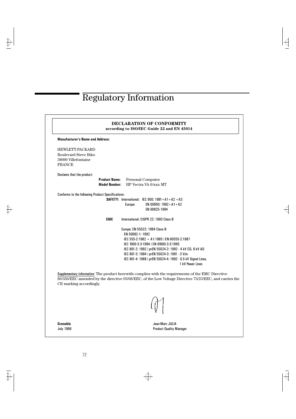 Regulatory information | HP VECTRA VA 6/XXX User Manual | Page 80 / 88