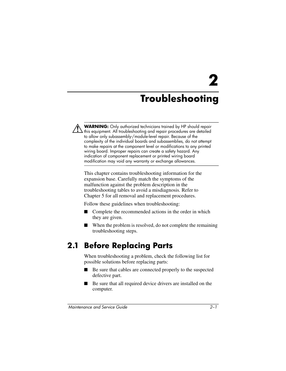 Troubleshooting, 1 before replacing parts, 2 troubleshooting | 1 before replacing parts –1 | HP XB3000 User Manual | Page 29 / 79