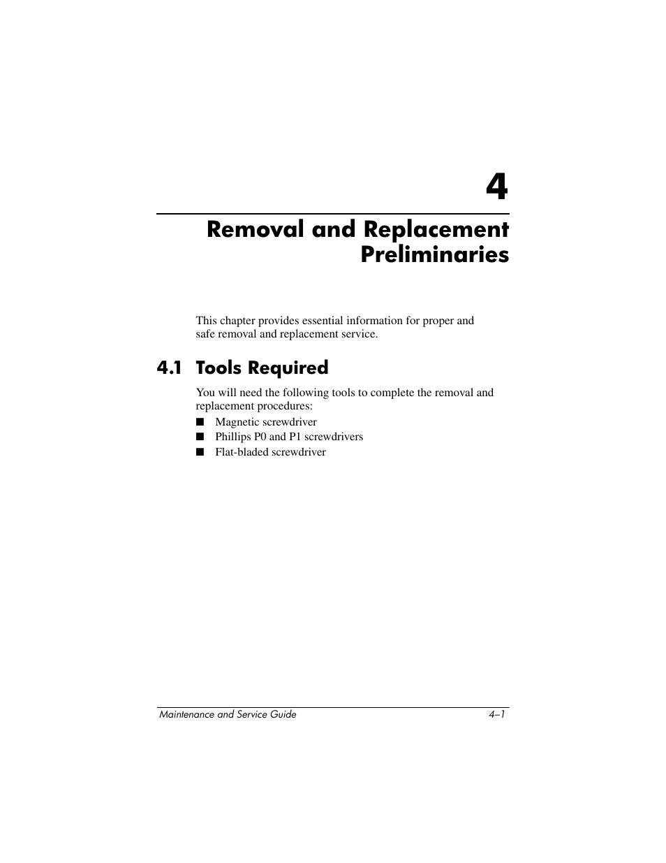 Removal and replacement preliminaries, 1 tools required, 4 removal and replacement preliminaries | 1 tools required –1 | HP XB3000 User Manual | Page 43 / 79