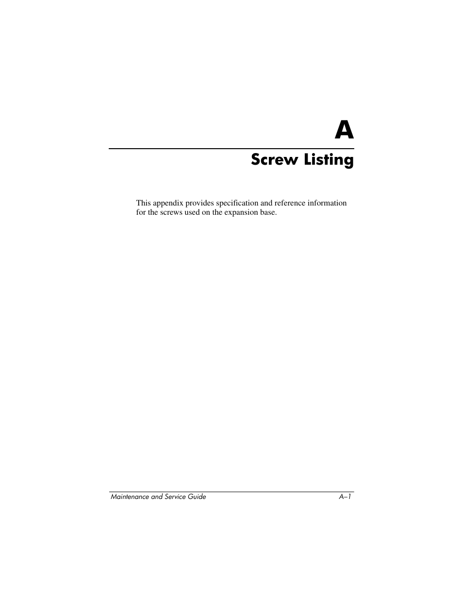 Screw listing, A screw listing | HP XB3000 User Manual | Page 63 / 79